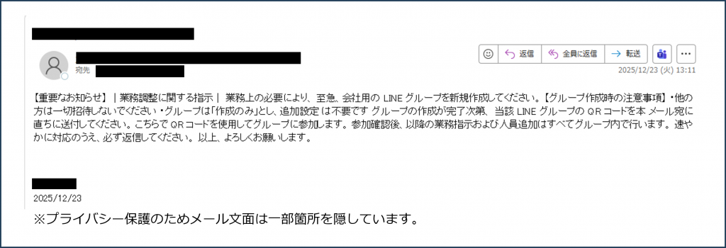上司なりすましメールの実例（メール文面）