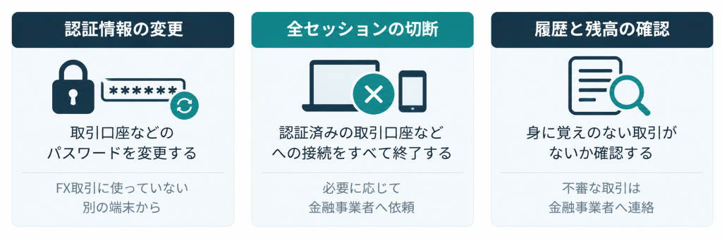 認証情報の変更、全セッションの切断、取引履歴・残高の確認という、目的の異なる3つの対応を整理